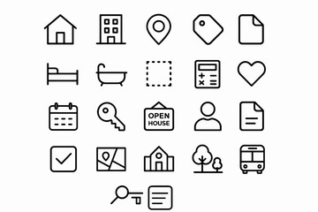 Real estate icons: house, location, key, calendar, map, building, bed, search, bus