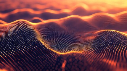 Digital wave particles creating an interconnected network pattern, visualizing abstract data flow and technology concepts with a futuristic landscape design