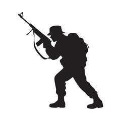Silhouette of a soldier aiming a rifle in a combat stance