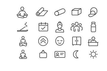 Minimalist yoga and wellness icons: meditation, yoga mat, aromatherapy, calm, relaxation