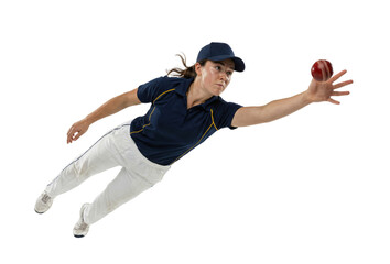 Female cricket player diving to catch red ball isolated on white