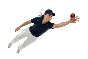 Female cricket player diving to catch red ball isolated on white