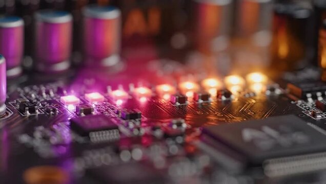 Futuristic Motherboard Close-Up - High-Tech Circuitry and Glowing LEDs.