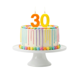 Colorful 30th birthday cake with candles on white stand isolated