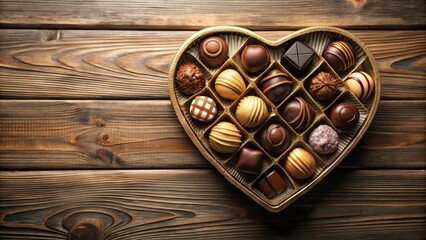 Heart-shaped box of assorted chocolates on rustic wooden background, a sweet treat for a romantic occasion