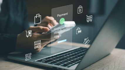 Person making secure online payment via smartphone and laptop, surrounded by shopping icons. Illustrates e-commerce, digital transaction, and mobile shopping experience.