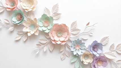Handmade paper flowers in pastel colors including pink, mint green, lavender and cream arranged as decorative wall art. Delicate origami floral craft with layered petals and leaves composition.