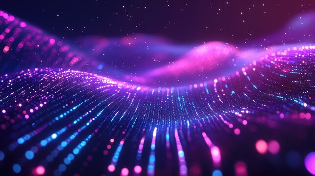 Digital particles form an undulating purple blue wave of glowing nodes and streams, evoking data flow, networks, big data visualization and futuristic technology connections - Powered by Adobe