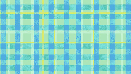 A vibrant abstract illustration showcasing a contemporary plaid pattern in cool blue and green hues, enhanced by a charming distressed texture, perfect for dynamic digital backgrounds.