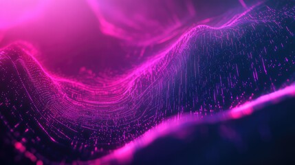 Glowing pink and purple particles form an undulating digital wave surface, visualizing big data flow, ai driven networks and futuristic information processing in cyberspace