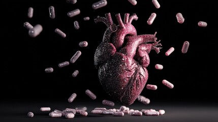 Anatomical Heart Surrounded by Falling Pills on Black Background