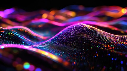 Digital wave of glowing particles forms a colorful abstract landscape on a dark background, visualizing data flow, network connectivity and futuristic ai driven energy dynamics