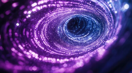 Abstract tunnel transporting glowing digital information and data particles, creating a futuristic light stream representing technology, networks, and advanced communication systems