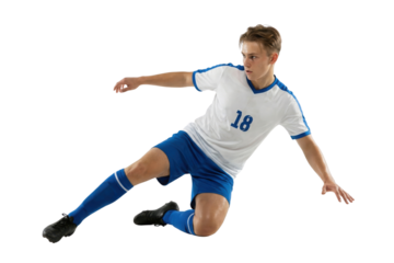 Male soccer player sliding tackle in blue and white uniform isolated