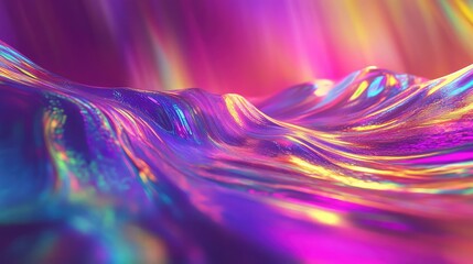 Futuristic undulating surface reflects vibrant pink, purple, and yellow light, presenting a dynamic abstract iridescent background with fluid motion and colorful reflections