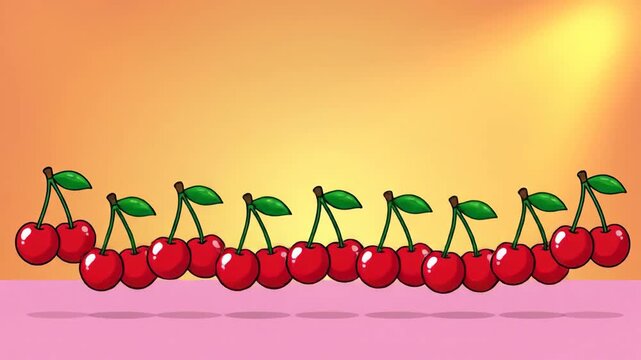 Line of Cute Cartoon Cherries with Leaves on a Pink Surface and Orange Background