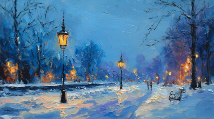 街灯が照らす冬の公園の印象派風油絵