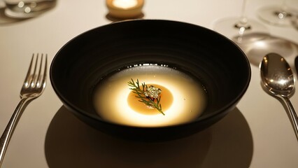 Minimalist fine dining appetizer of clear broth with delicate herb garnish served in a dark bowl on a white table.