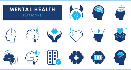 A set of flat icons related to Mental health. Mind, thinking, brain, health, state, operative, medicine, and so on.