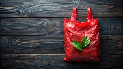 A crimson plastic shopping bag rests on a dark wood surface, adorned with vibrant green leaves, symbolizing the environmental impact of plastic consumption and the need for sustainable alternatives.