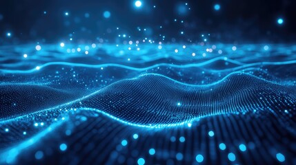 Digital data flowing across an abstract technological landscape featuring blue glowing dots forming waves and particles, representing interconnected information and the dynamic nature of big data
