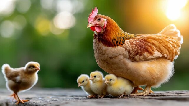 Adorable newborn chick approaching its mother hen, who is lovingly caring for her other cute baby chicks on a rustic wooden surface against a beautiful sunset background with soft bokeh