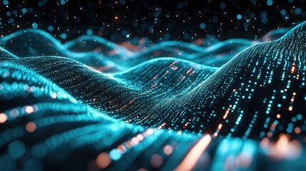 Glowing blue and orange particles creating an abstract undulating surface, symbolizing data flow, network connections, and the dynamic nature of information technology