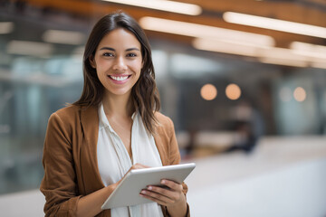 young Hispanic professional business woman standing in office. Happy female company executive, smiling businesswoman entrepreneur corporate leader manager looking at camera using tablet