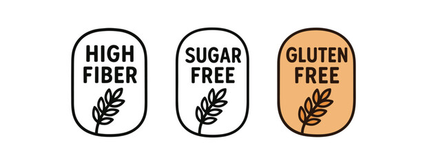 Flat vector illustration cereal labels with text high fiber sugar free gluten free soft