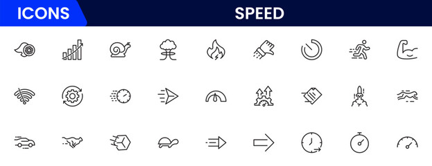 Speed and performance icon set. Containing fast, productivity, indicator, turbo, speeding and speedometer icons. Thin line icon collection. Vector illustration.