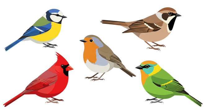 Colorful Songbirds Collection Vector Illustration Set Blue Tit Robin Cardinal Sparrow Nature Diversity