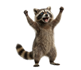 Cute cartoon raccoon character cheering with arms raised on white background