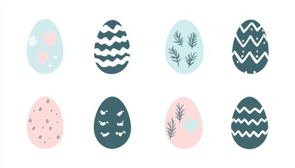 A Beautiful Collection of Eight Decorated Easter Eggs in Pastel Colors and Minimalist Designs