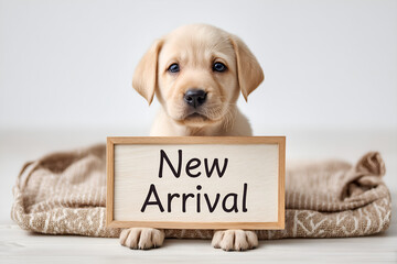 A cute golden Labrador Retriever puppy sitting on a blanket and holding a New Arrival sign with a plain white background.
