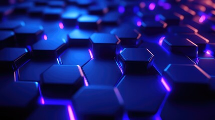 Hexagonal grid pattern creating a vibrant abstract background with blue and purple neon light effects, representing technology, data, and global network connections