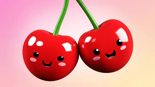 Cute Cartoon Cherries with Happy Faces Animated Loop on Pink Gradient Background