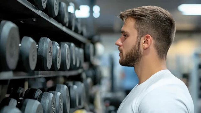 Fit young man in a modern gym selecting a dumbbell from a rack, focused on choosing the right weight for strength training and building muscle during his workout routine