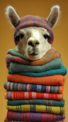 Fototapeta premium Llama wearing hat surrounded by colorful stacked blankets in bright setting