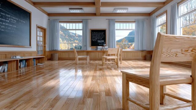 Bright, sunlit interior of an old fashioned, empty elementary school classroom with wooden chairs, blackboard, and a polished parquet floor overlooking a beautiful mountain landscape