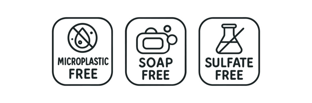 Flat vector illustration bathroom labels with text microplastic free soap free sulfate free soft