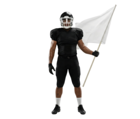 American football player in black uniform holding blank white flag isolated