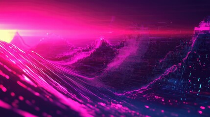 Abstract digital landscape featuring glowing pink and blue data streams moving over undulating geometric shapes, representing concepts of technology, connectivity, and communication
