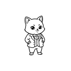 Cat in Suit Mascot Line Art. Black and White Vector Icon of Elegant Cartoon Feline Character for Business Logo, Finance, Corporate Branding, or Luxury Service Generative AI