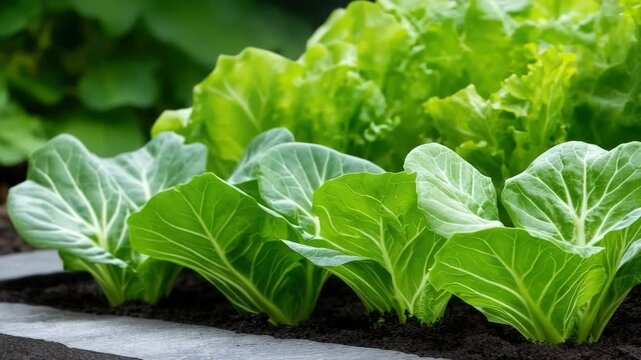 Young lettuce and cabbage seedlings thriving in a neat row of rich soil, vibrant green leaves symbolizing organic gardening, sustainable farming and home cultivation growth