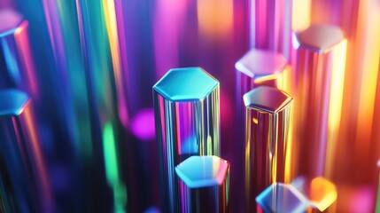 Reflecting hexagonal pillars rise in a glossy, iridescent array, diffusing neon spectrum colors into a futuristic, geometric pattern of light, depth, and digital energy