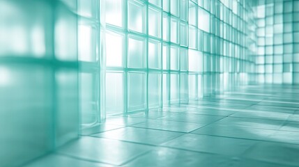 Glass block walls and tiled floor forming an abstract, geometric interior space, emphasizing modern design with soft ambient light and transparent textures