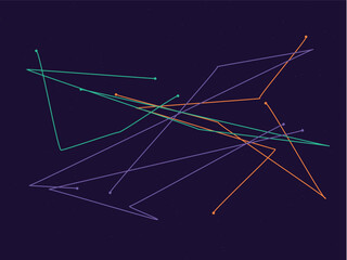Abstract network of colorful lines and points on a deep blue background