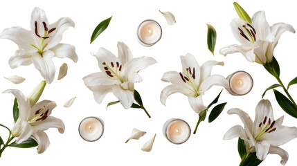 White Lily Flowers with Candles Elegant Flat Lay Floral Background