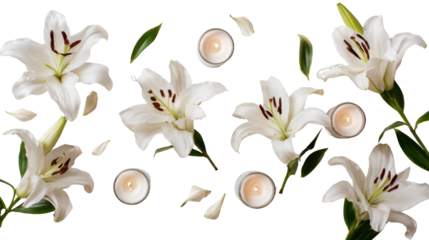 White Lily Flowers with Candles Elegant Flat Lay Floral Background