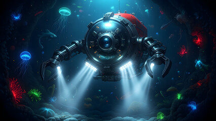 Futuristic Underwater Robotic Submarine Drone with Mechanical Claws, Large Camera Lens, and Bright Spotlights Exploring Vibrant Deep Sea Ecosystem Filled with Bioluminescent Jellyfish, Colorful Coral 